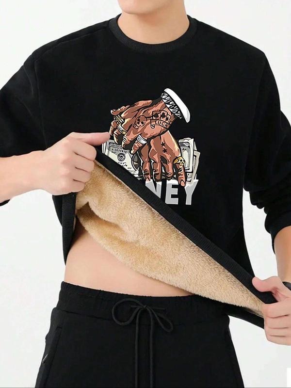 Men's Regular Fit Letter & Money Print Drop Fleece Shoulder Sweatshirt, Casual Soft Comfy Long Sleeve Round Neck Pullover...