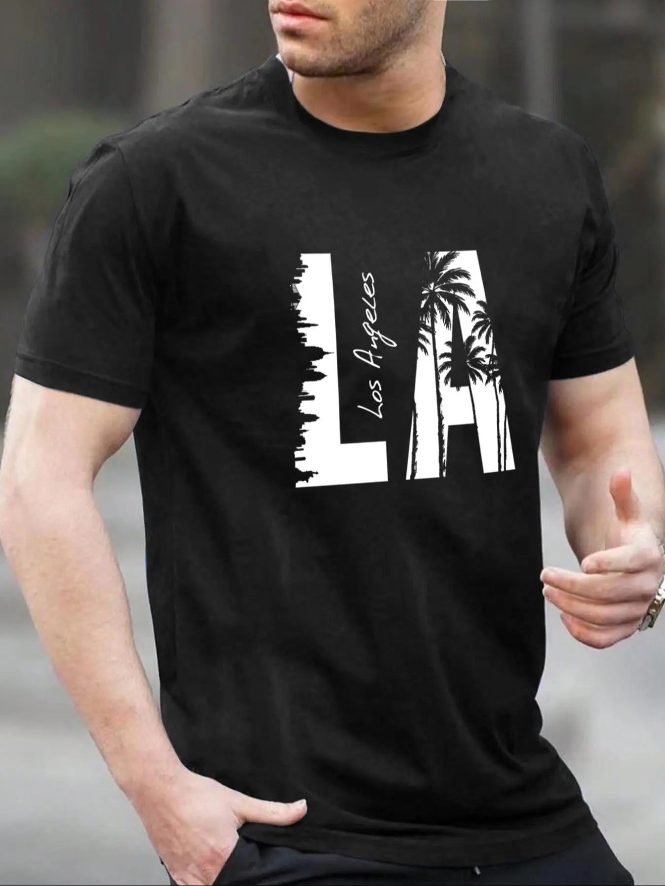 Men's Regular Fit Letter & Palm Tree Print Round Neck Tee, Casual Short Sleeve T-shirt for Summer, Fashion Men's Top for...