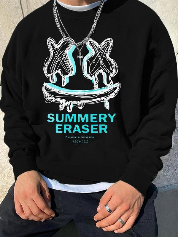 Men's Regular Fit Letter & Smile Face Print Drop Shoulder Sweatshirt, Casual Soft Comfy Long Sleeve Round Neck Pullover...