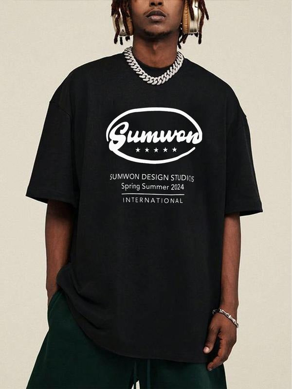 Men's Regular Fit Letter & Star Print Round Neck Tee, Casual Short Sleeve Crew Neck T-Shirt for Summer, Fashion Men's Top...