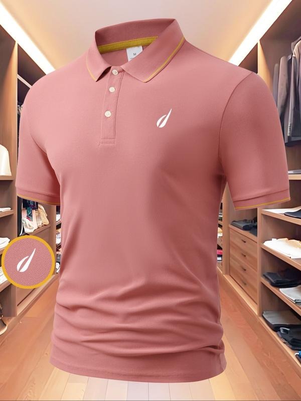 Men's Regular Fit Letter Print Contrast Trim Polo Shirt, Casual Short Sleeve Half Zip Top for Summer, Fashion Men's...