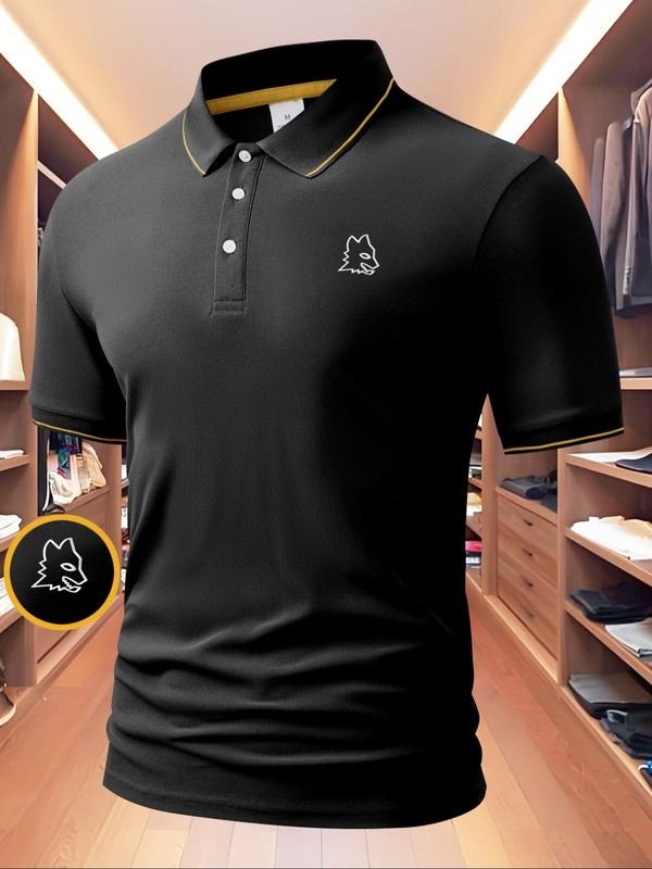 Men's Regular Fit Letter Print Contrast Trim Polo Shirt, Casual Short Sleeve Half Zip Top for Summer, Fashion Men's...