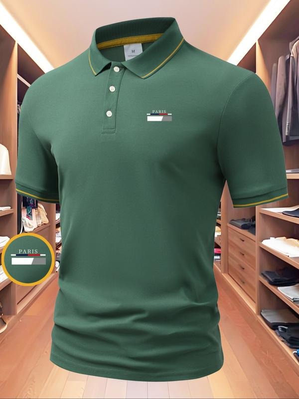 Men's Regular Fit Letter Print Contrast Trim Polo Shirt, Casual Short Sleeve Half Zip Top for Summer, Fashion Men's...