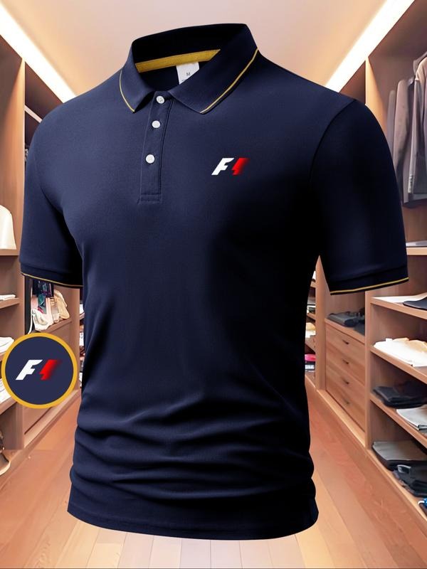 Men's Regular Fit Letter Print Contrast Trim Polo Shirt, Casual Short Sleeve Half Zip Top for Summer, Fashion Men's...