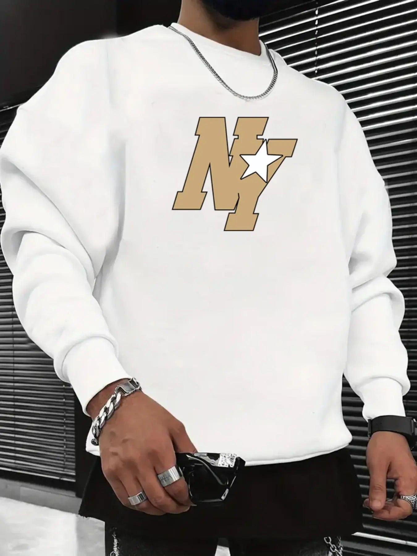 Men's Regular Fit Letter Print Drop Shoulder Sweatshirt, Casual Soft Comfortable Long Sleeve Round Neck Pullover For...