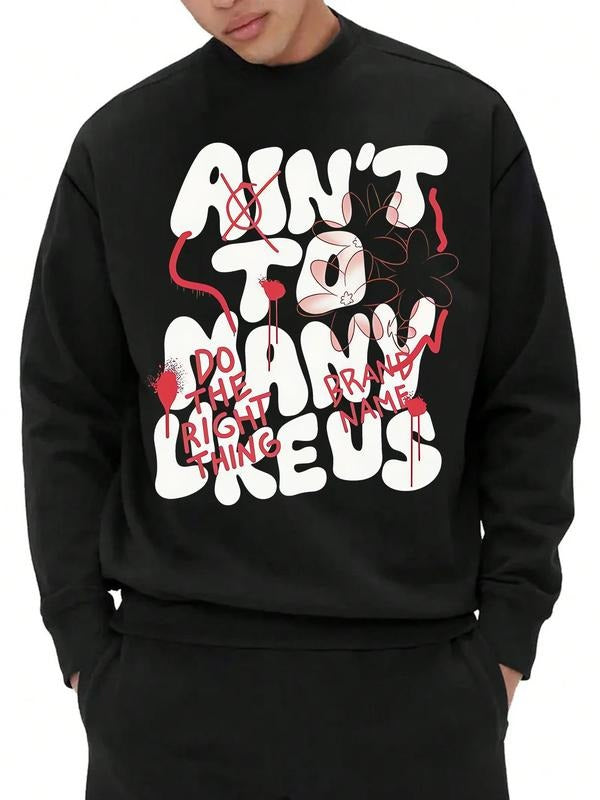 Men's Regular Fit Letter Print Drop Shoulder Sweatshirt, Casual Soft Comfy Long Sleeve Round Neck Pullover for Fall &...