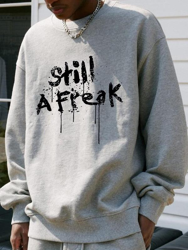 Men's Regular Fit Letter Print Drop Shoulder Sweatshirt, Casual Soft Comfy Long Sleeve Round Neck Pullover for Fall &...