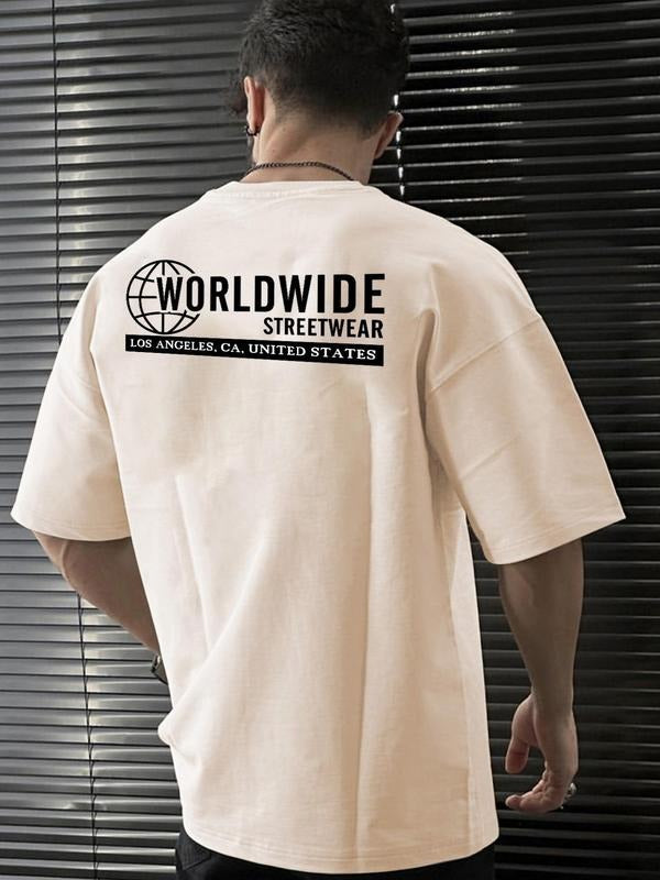Men's Regular Fit Letter Print Round Neck Short Sleeve Tee, Drop Shoulder Short Sleeve T-Shirt for Men, Casual Comfy Knit...