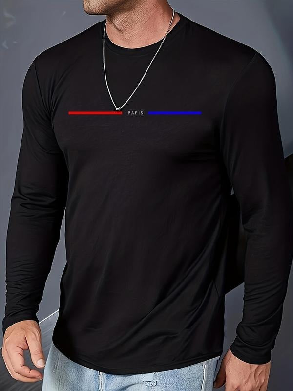 Men's Regular Fit Letter Print Round Neck Tee without Necklace, Long Sleeve Crew Neck T-shirt for Spring & Fall, Men's...