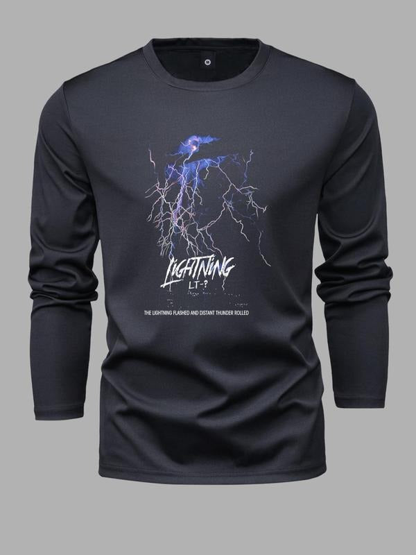 Men's Regular Fit Lightning Print Round Neck Tee, Graphic Long Sleeve Crew Neck T-Shirt for Men, Men's Top for All...