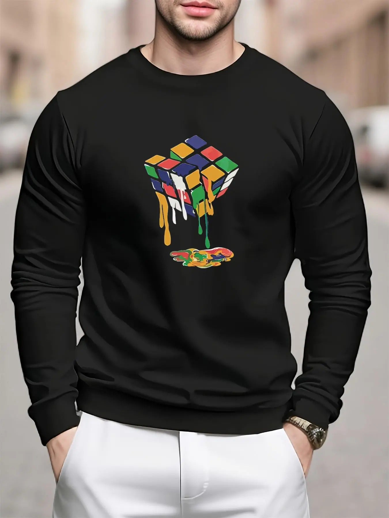 Men's Regular Fit Magic Cube Print Round Neck Sweatshirt, Casual Long Sleeve Crew Neck Pullover for Daily Wear, Fashion...