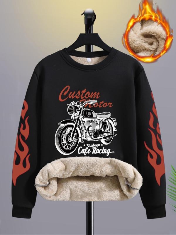 Men's Regular Fit Motorcycle & Fire Print Sweatshirt, Casual Soft Comfy Long Sleeve Round Neck Pullover for Fall &...
