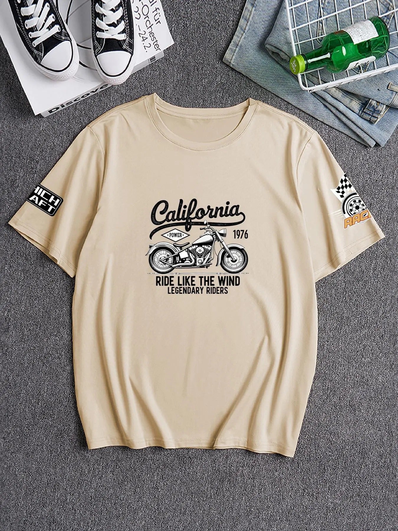 Men's Regular Fit Motorcycle & Letter Print Round Neck Tee, Vintage Trendy Casual Short Sleeve T-shirt for Daily Wear,...
