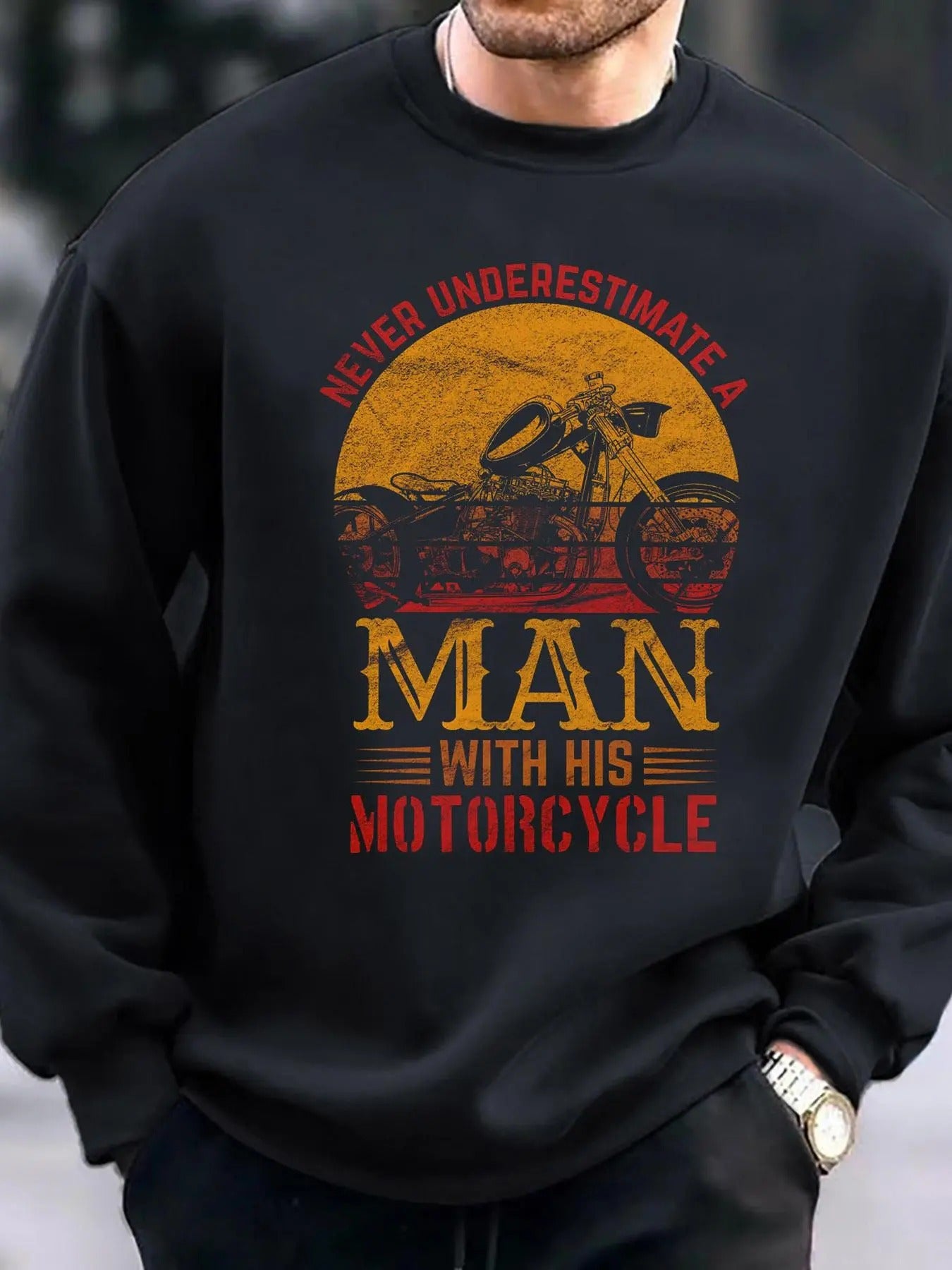 Men's Regular Fit Motorcycle & Letter Print Sweatshirt, Casual Soft Comfy Long Sleeve Crew Neck Pullover for Fall &...