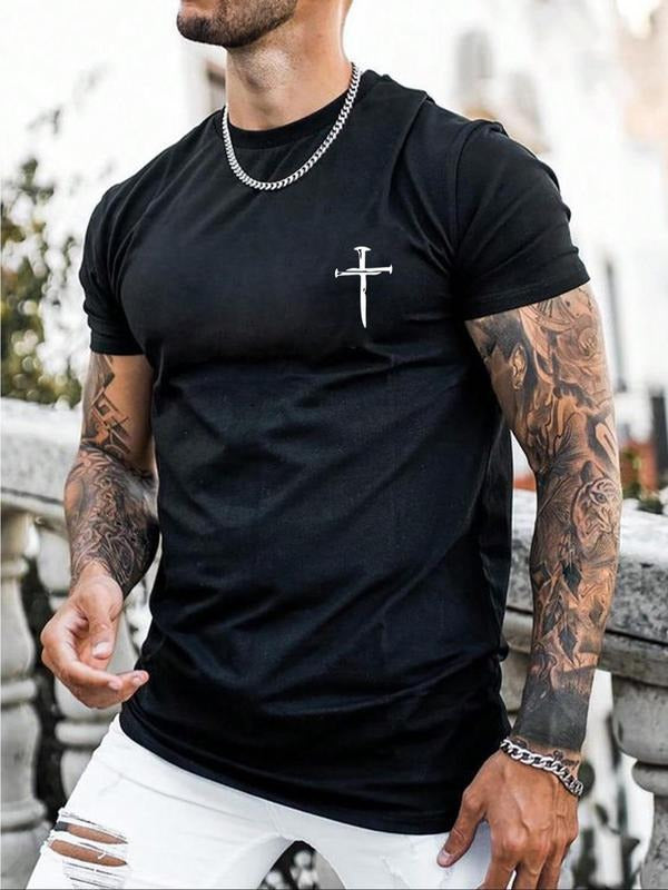 Men's Regular Fit Nail & Cross Print Short Sleeve Tee without Necklace, Casual Graphic Round Neck T-shirt for Summer,...
