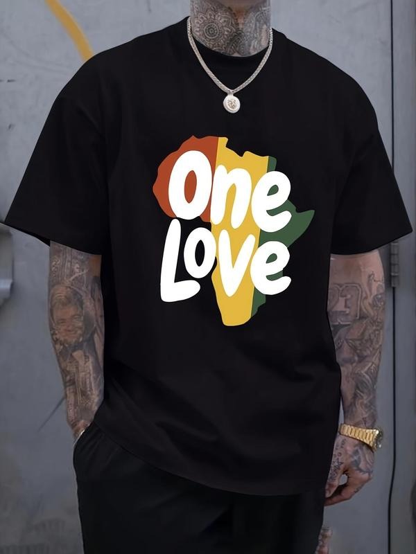 Men's Regular Fit One Love Print Round Neck Tee, Casual Short Sleeve Crew Neck T-shirt for Summer, Fashion Men's Top for...
