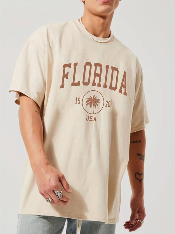 Men's Regular Fit Palm Tree & Florida Print Round Neck Tee, Casual Short Sleeve Crew Neck T-shirt for Summer, Fashion...