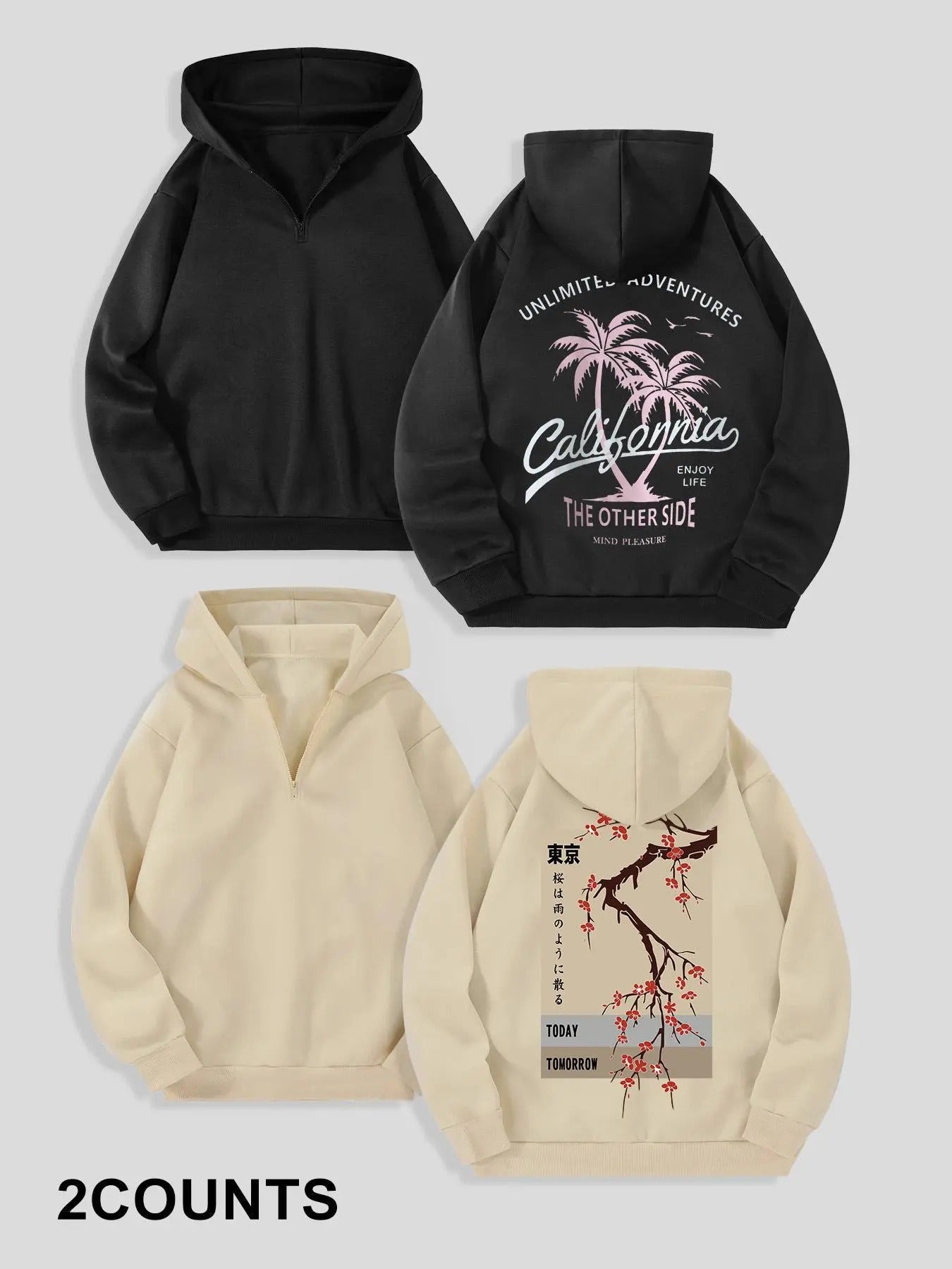 Men's Regular Fit Palm Tree & Letter Print Zip Up Thermal Lined Hoodie, Casual Long Sleeve Hooded Sweatshirt for Fall &...