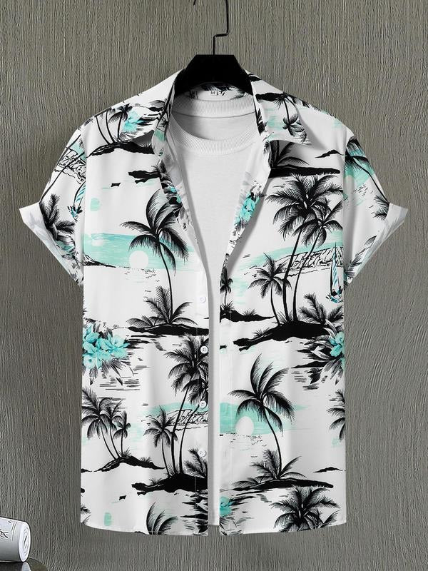 Men's Regular Fit Palm Tree Print Short Sleeve Shirt, Casual Summer Top for Beach Vacation, Men's Clothes for Summer,...
