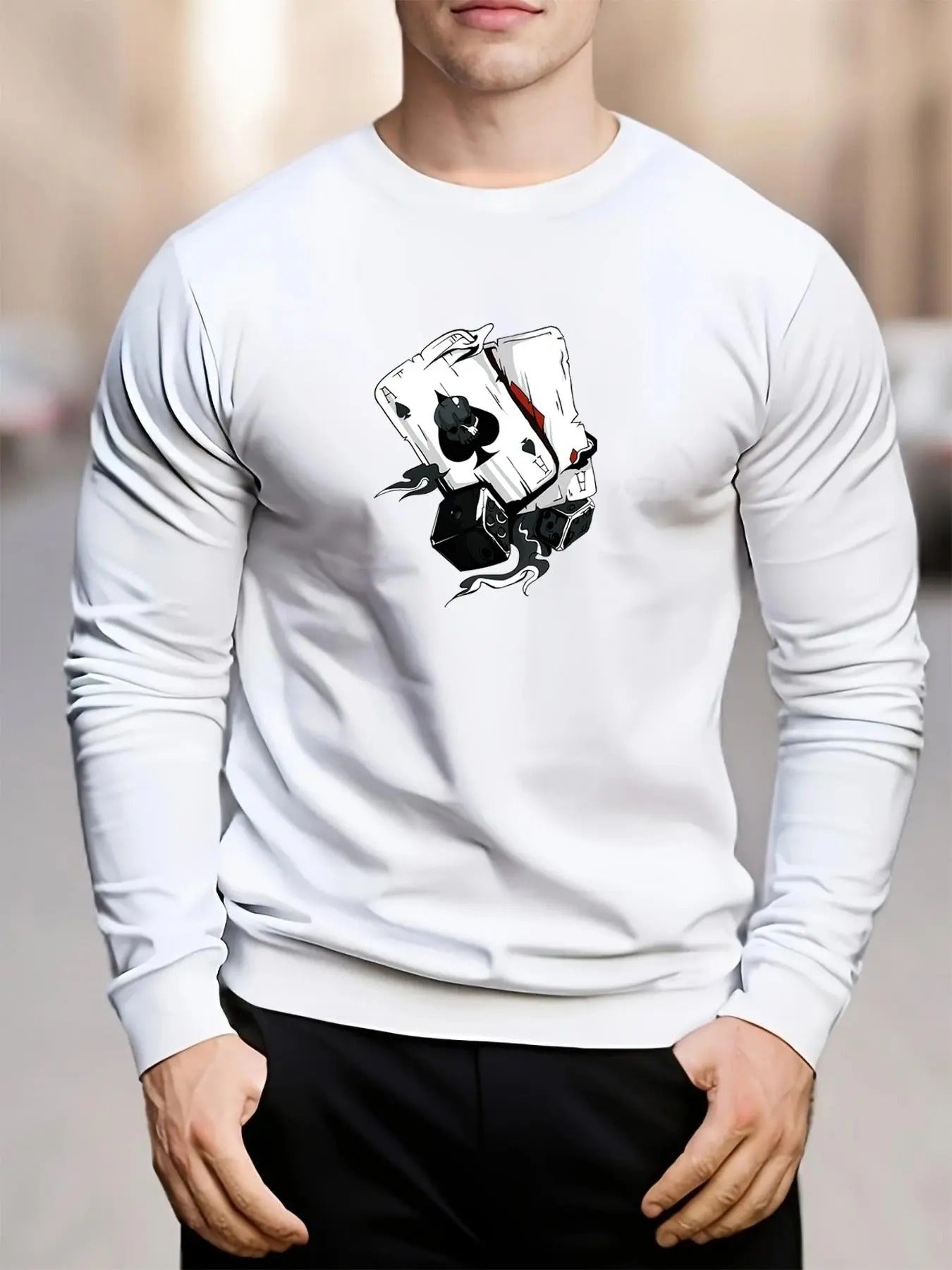 Men's Regular Fit Poker & Dice Print Round Neck Sweatshirt, Casual Long Sleeve Crew Neck Pullover for Daily Wear, Fashion...
