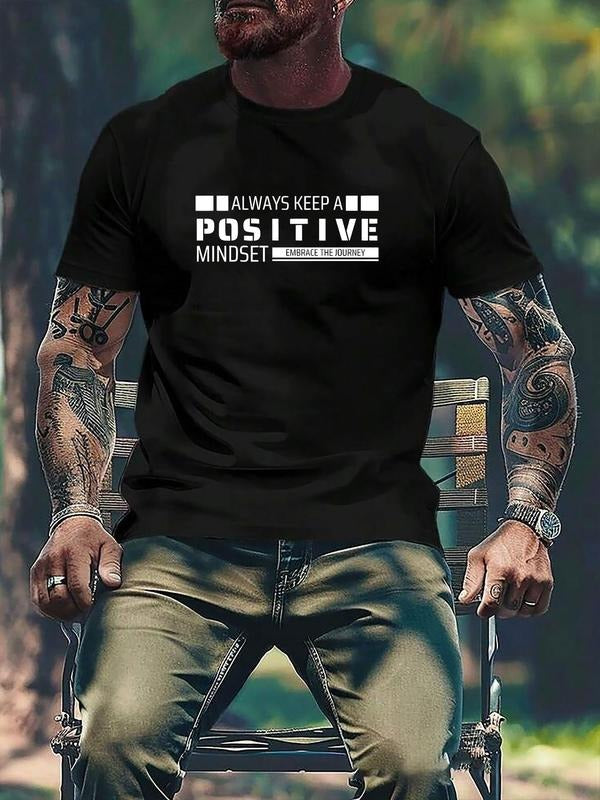 Men's Regular Fit Positive Words Print Round Neck Graphic Tee, Casual Short Sleeve Crew Neck T-shirt for Daily Wear,...