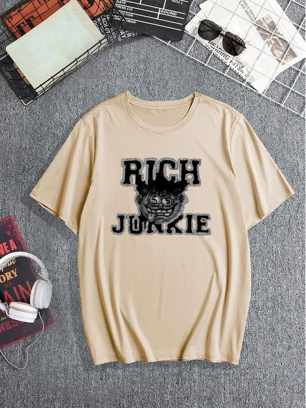 Men's Regular Fit Rich Junkie Letter Print Round Neck Tee, Casual Short Sleeve Crew Neck T-shirt for Summer, Fashion...