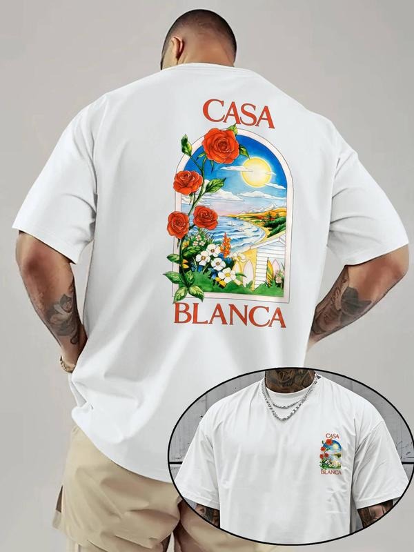 Men's Regular Fit Rose & Landscape Print Round Neck Tee, Casual Short Sleeve Crew Neck T-shirt for Summer, Fashion Men's...