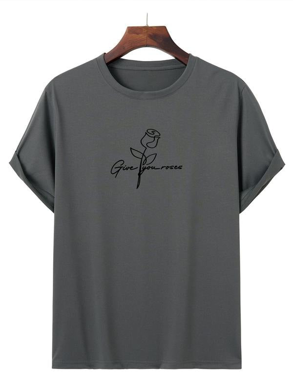 Men's Regular Fit Rose & Letter Graphic Print Roll Up Sleeve Tee Summer Clothes, Crew Neck Short Sleeve Printed T-Shirts,...