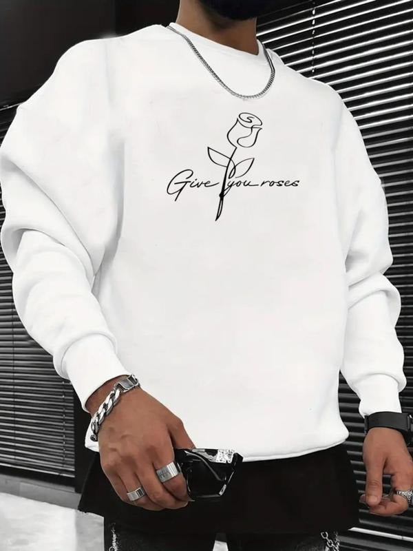 Men's Regular Fit Rose & Letter Print Round Neck Sweatshirt, Casual Long Sleeve Crew Neck Pullover for Daily Wear,...
