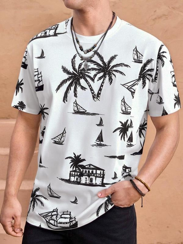 Men's Regular Fit Sailing Boat Print Round Neck Tee, Casual Short Sleeve Crew Neck T-shirt for Summer, Fashion Men's Top...