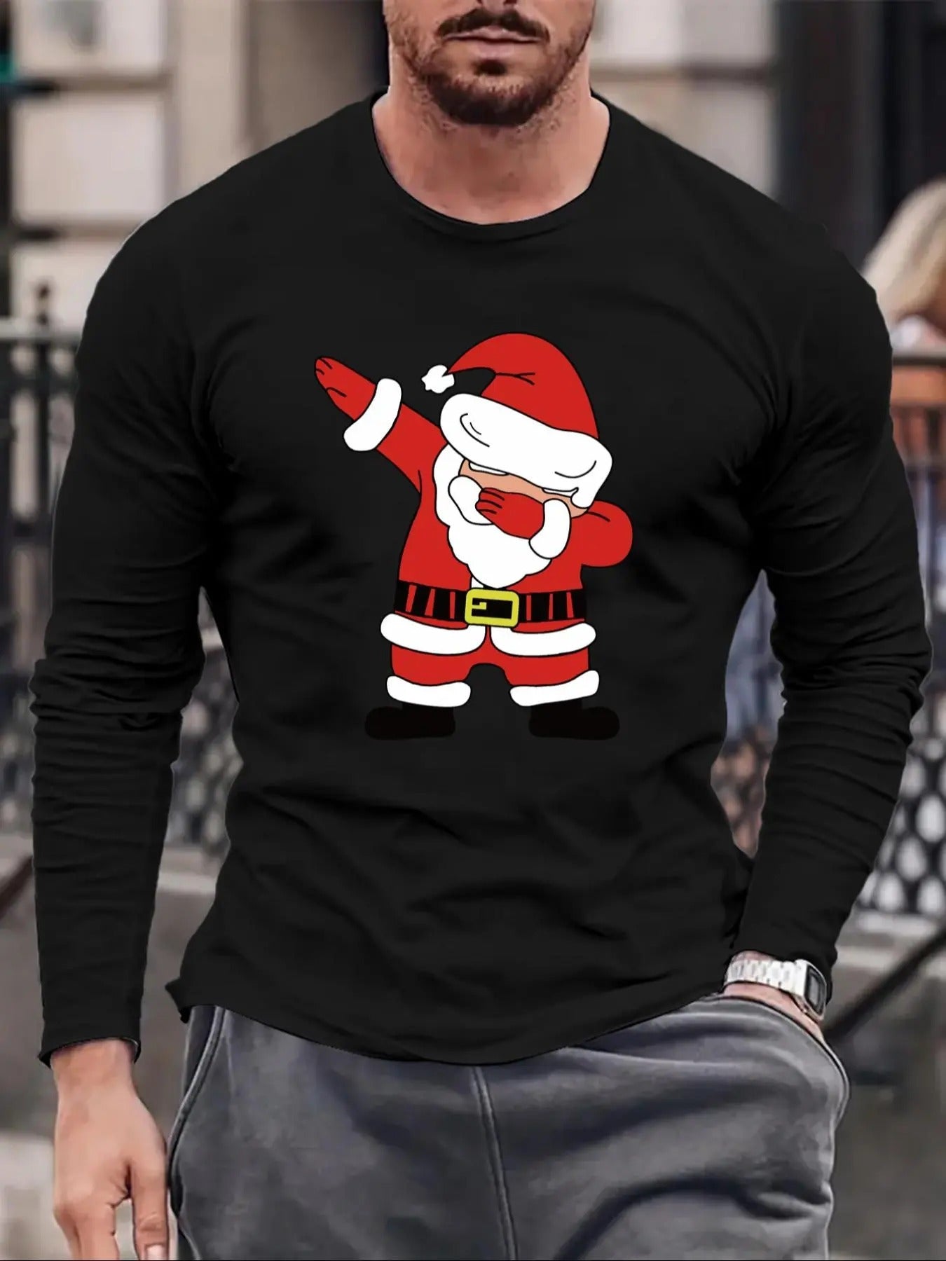 Men's Regular Fit Santa Claus Print Round Neck Tee, Casual Long Sleeve Crew Neck T-shirt for All Seasons, Fashion Men's...