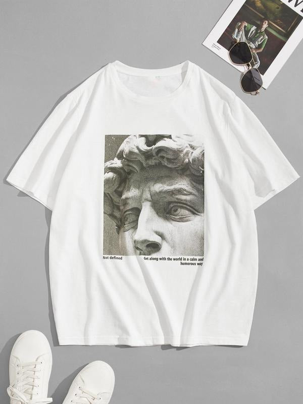 Men's Regular Fit Sculpture Print Round Neck Tee, Letter Print Short Sleeve T-shirt for Summer, Casual Comfy Men's Top...