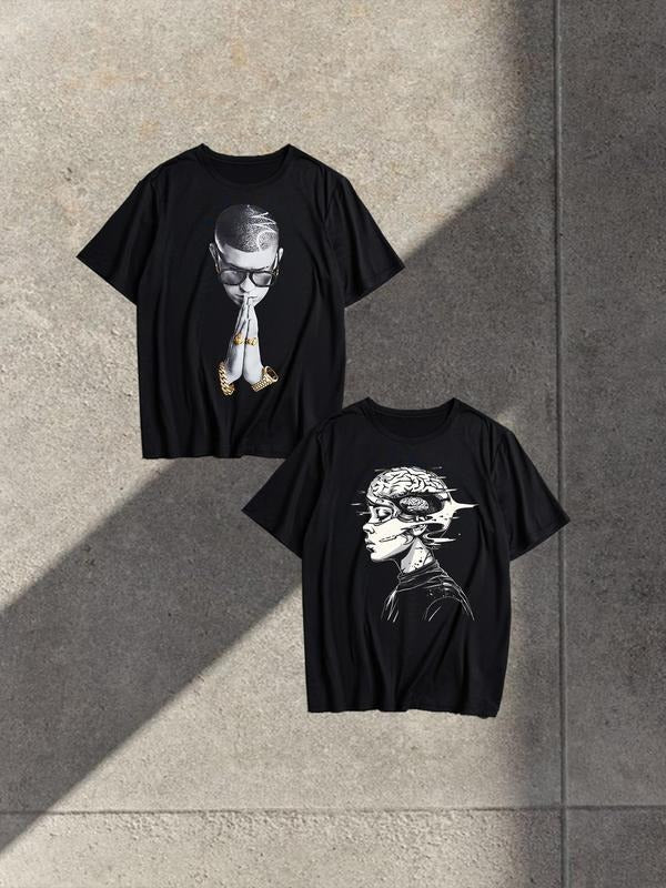 Men's Regular Fit Skull & Letter Print Graphic Tee, Casual Comfy Round Neck Short Sleeve T-shirt for Summer, Fashion...