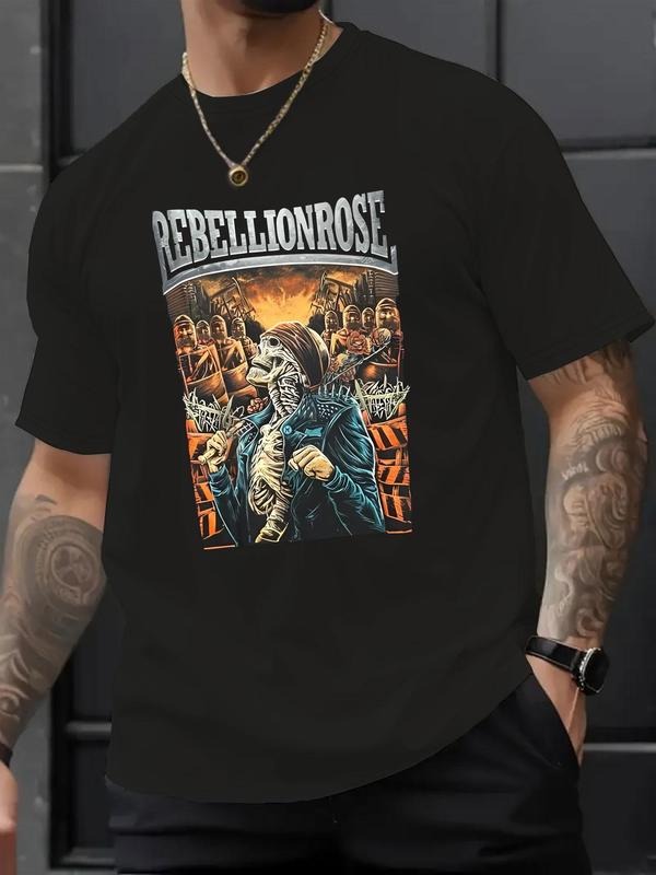 Men's Regular Fit Skull & Letter Print Round Neck Graphic Tee, Casual Short Sleeve T-shirt for Summer, Menswear for Daily...