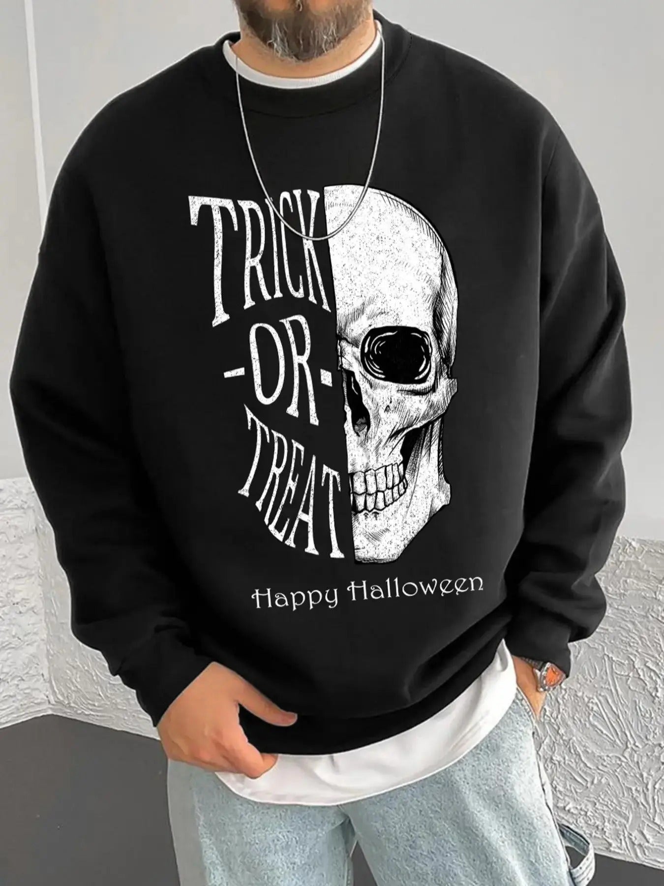 Men's Regular Fit Skull & Letter Print Round Neck Sweatshirt, Casual Long Sleeve Crew Neck Pullover for Fall & Winter,...