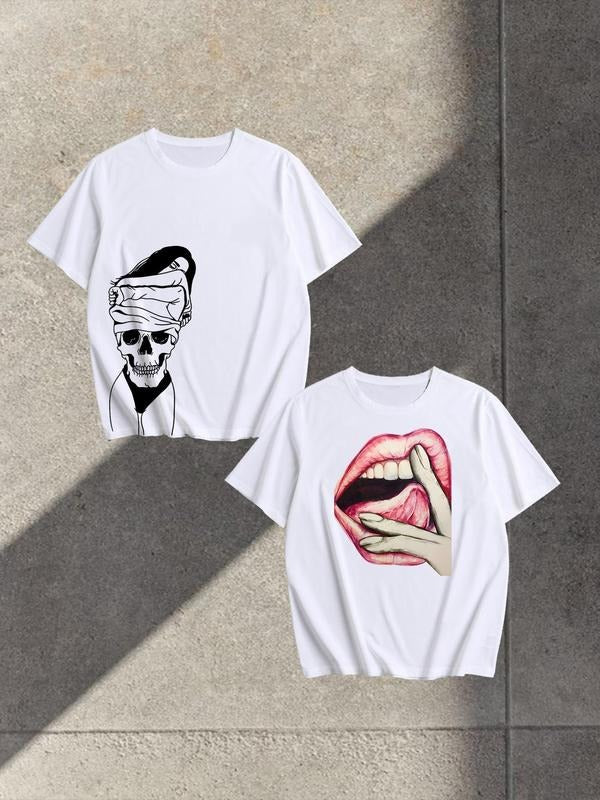 Men's Regular Fit Skull & Lip Print Short Sleeve Tee, Casual Round Neck T-shirt for Summer, Fashion Men's Top for Daily...