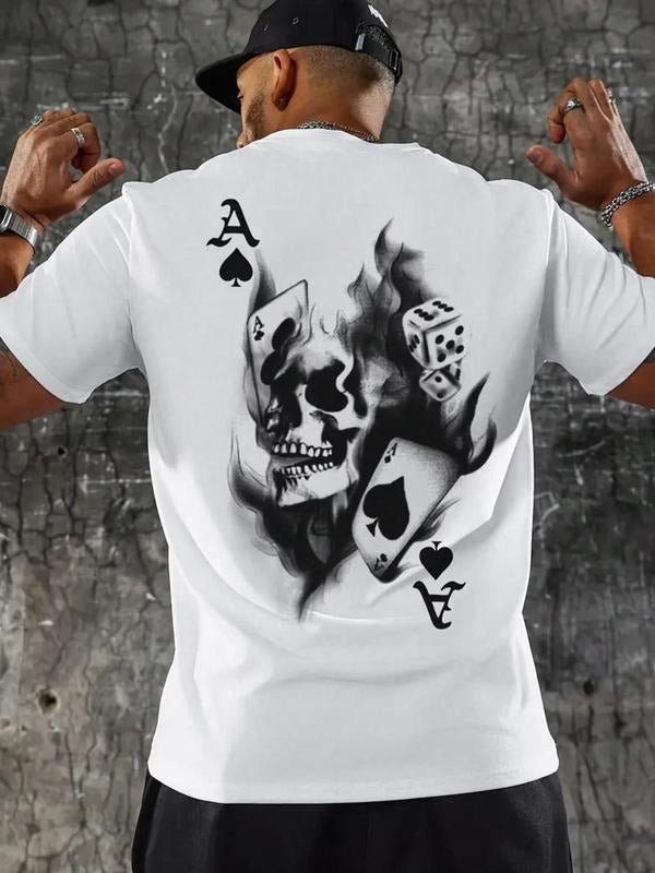 Men's Regular Fit Skull & Playing Card Print Round Neck Tee, Casual Short Sleeve Crew Neck T-shirt for Summer, Fashion...