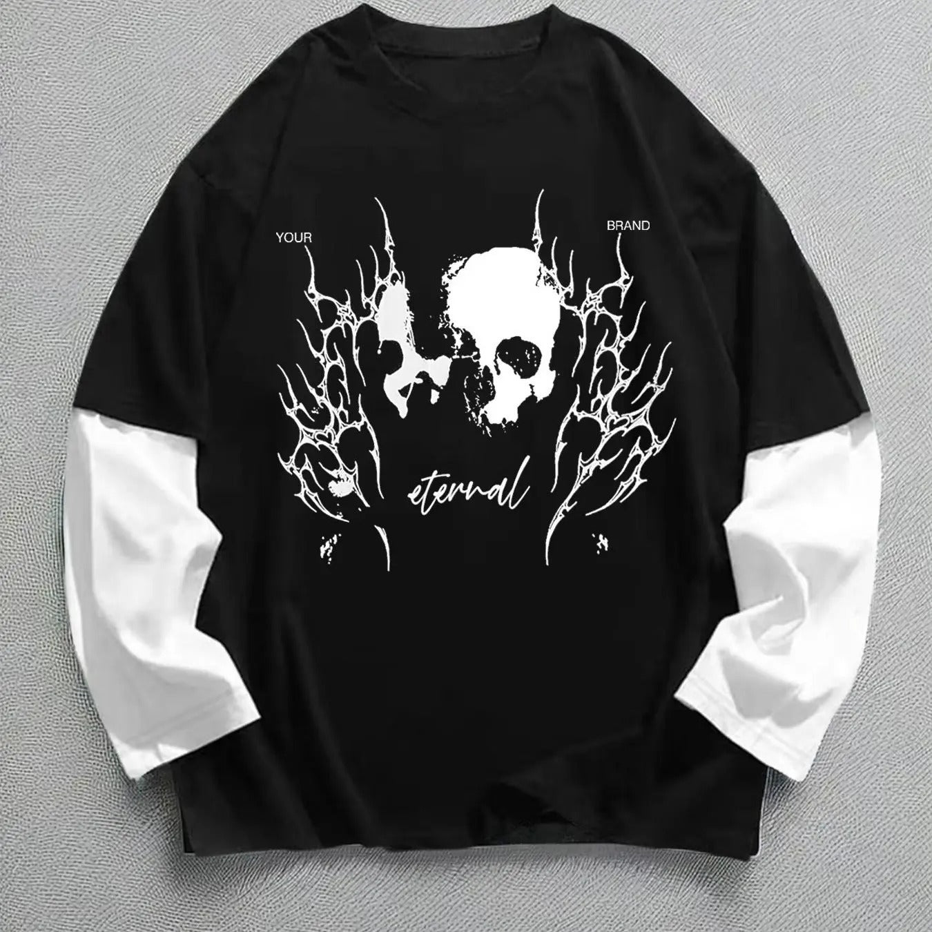 Men's Regular Fit Skull Print 2 in 1 Drop Shoulder Sweatshirt, Casual Comfy Long Sleeve Round Neck Pullover for Fall &...