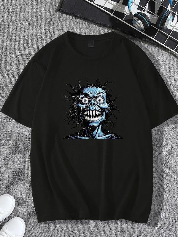 Men's Regular Fit Skull Print Round Neck Graphic Tee, Casual Short Sleeve T-shirt for Summer, Men's Top for Daily Wear,...