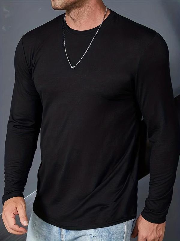 Men's Regular Fit Solid Round Neck Long Sleeve Tee Without Necklace, Casual Basic Crew Neck T-Shirt for Spring & Fall,...