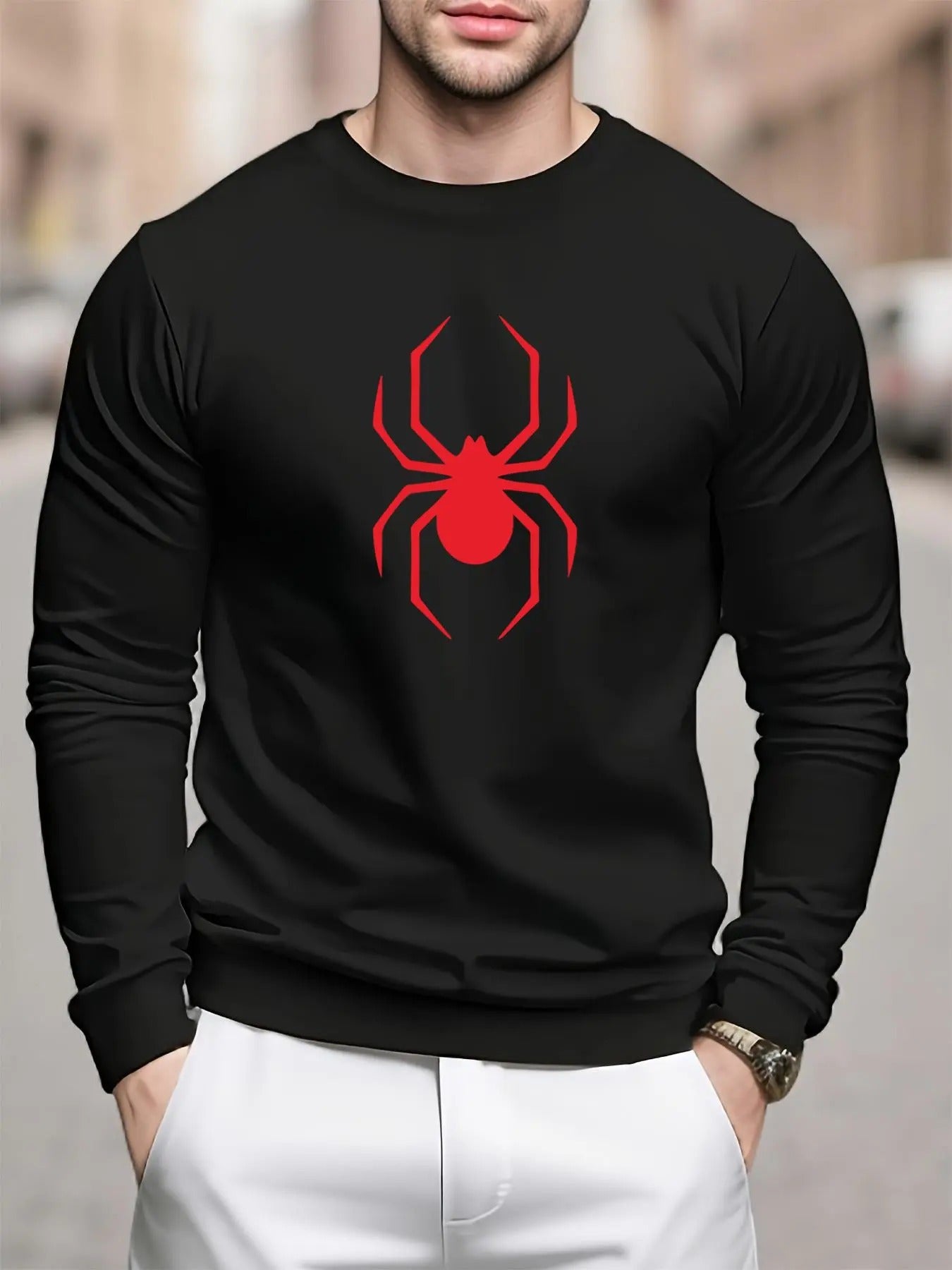 Men's Regular Fit Spider Print Round Neck Sweatshirt, Casual Long Sleeve Crew Neck Pullover for Daily Wear, Fashion Men's...