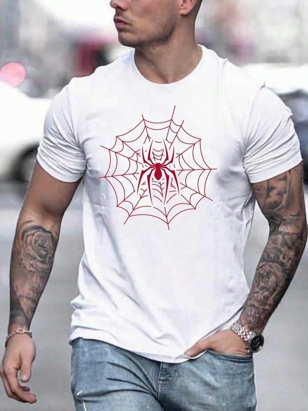 Men's Regular Fit Spider Web Print Round Neck Tee, Casual Short Sleeve Crew Neck T-Shirt for Summer, Fashion Men's Top...