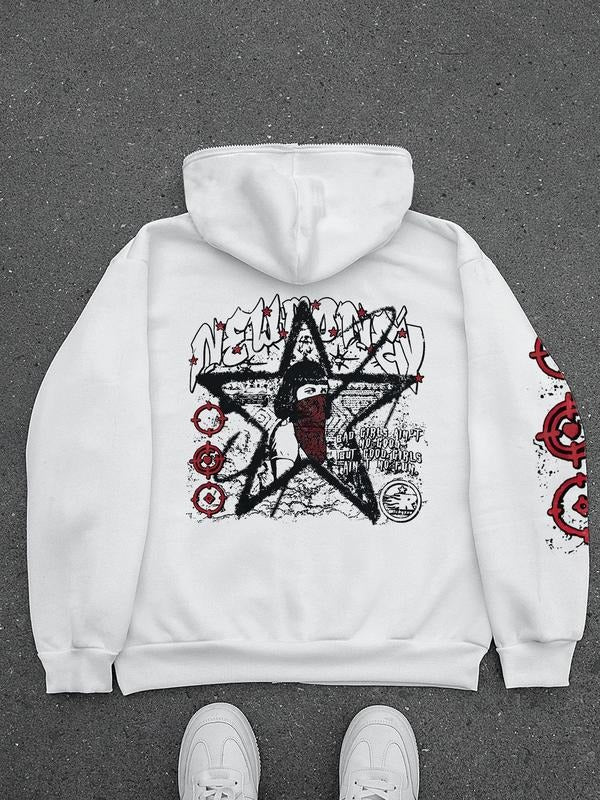 Men's Regular Fit Star Print Zip Up Hoodie, Casual Street Long Sleeve Hooded Sweatshirt for Fall & Winter, Men's Clothes...