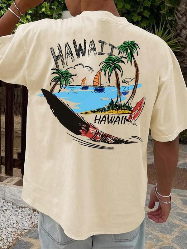 Men's Regular Fit Surfing & Letter Print Round Neck Graphic Tee, Vintage Trendy Casual Short Sleeve T-shirt for Daily...