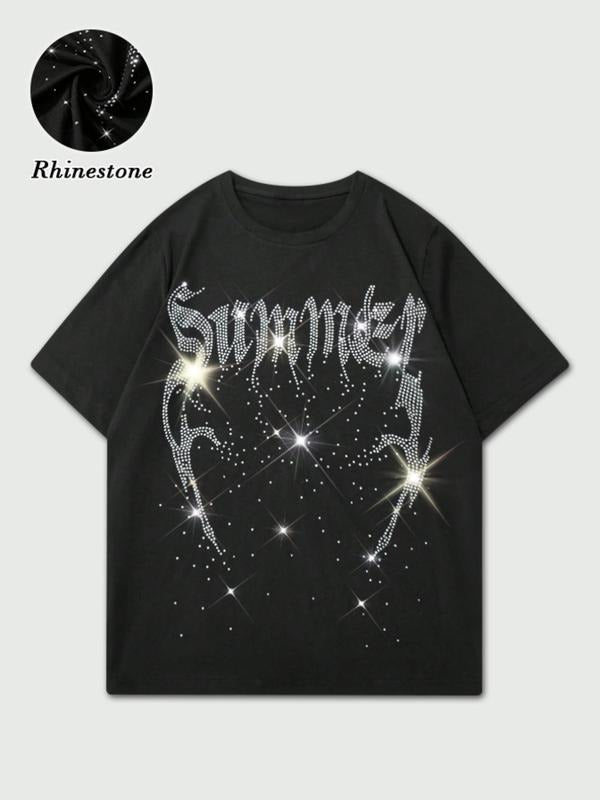 Men's Rhinestone Embroidered Short Sleeve Round Neck T-Shirt, Casual Fitted Summer Top, Long Clothing Length, Moderate...