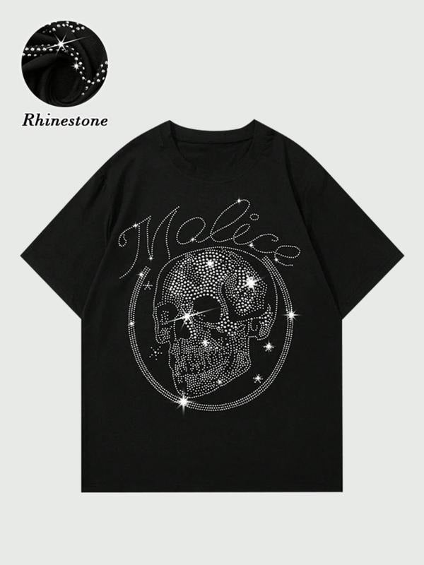 Men's Rhinestone Embroidered Short Sleeve Round Neck T-Shirt, Casual Fitted Summer Top, Long Clothing Length, Moderate...