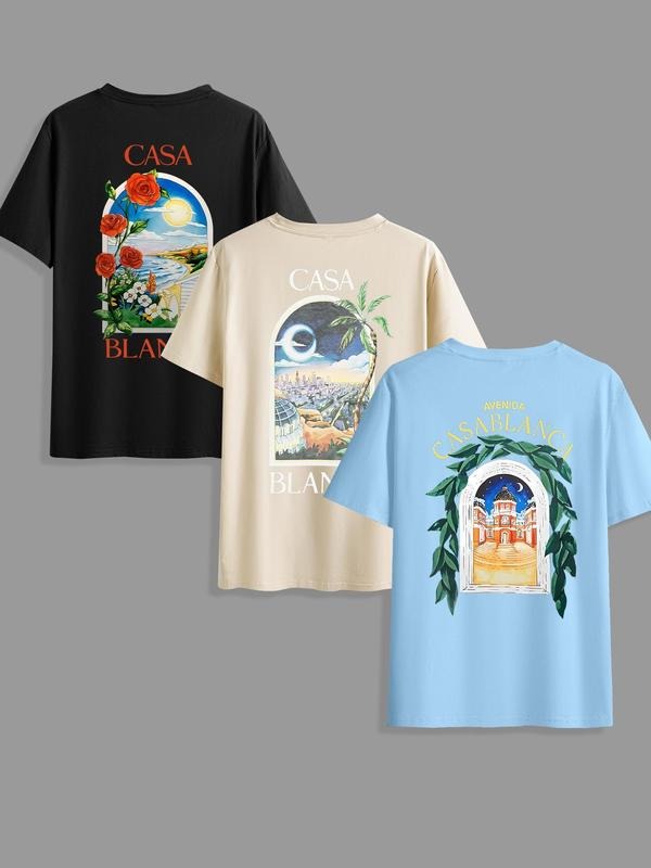 Men's Rose & Landscape Print Tee, Regular Fit Casual Short Sleeve T-shirt for Summer, Men's Top for Daily Wear, Tropical...