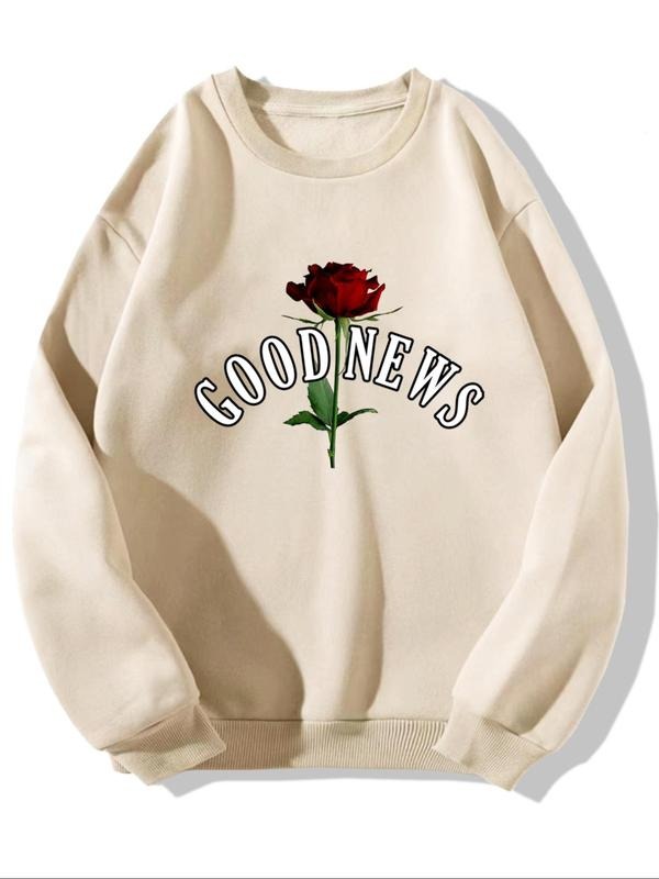 Men's Rose & Letter Print Drop Shoulder Sweatshirt, Regular Fit Casual Soft Comfy Long Sleeve Round Neck Pullover for...