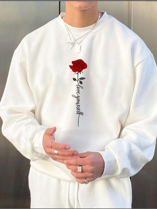 Men's Rose & Letter Print Drop Shoulder Thermal Lined Sweatshirt, Regular Fit Casual Soft Comfy Long Sleeve Round Neck...