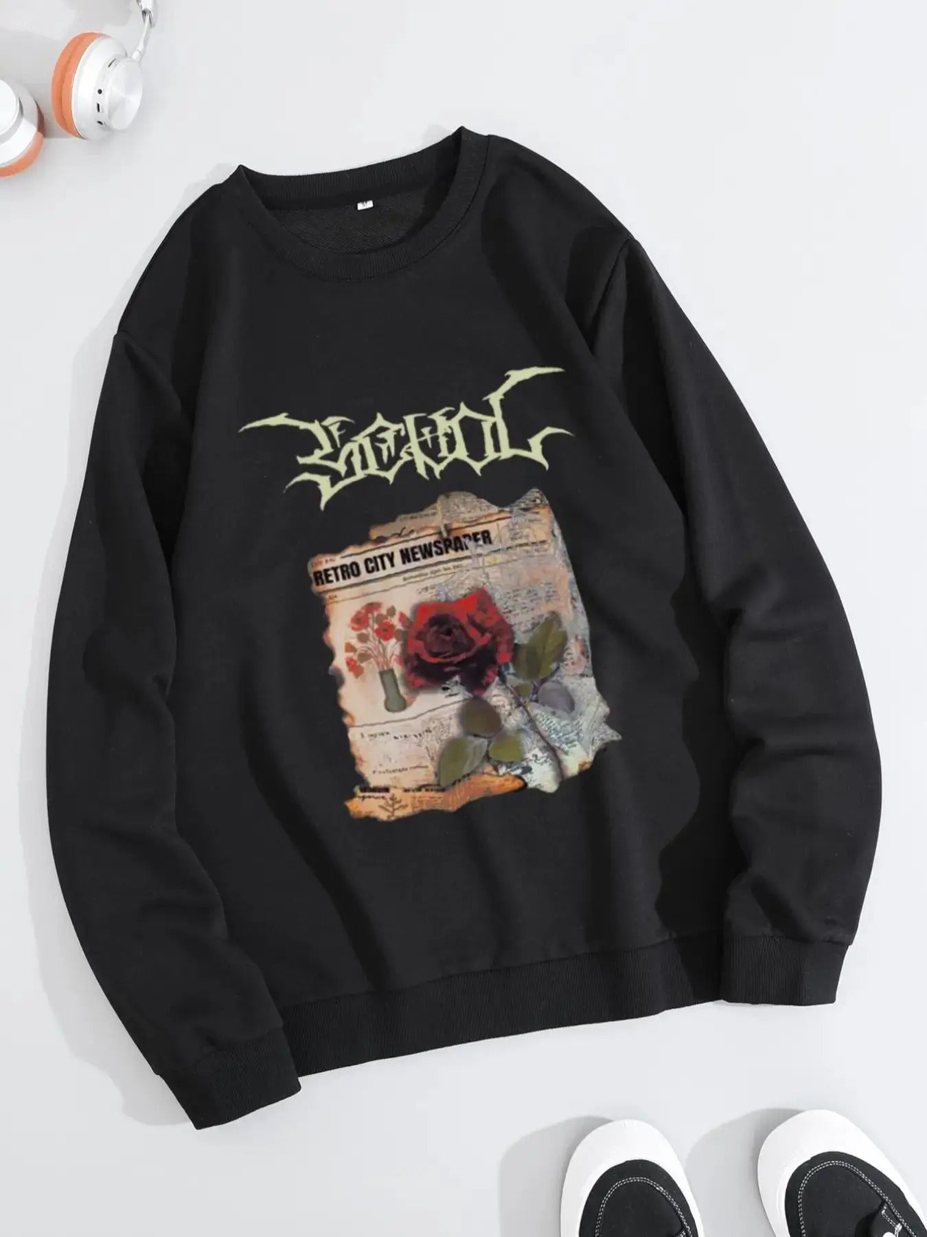Men's Rose & Letter Print Round Neck Sweatshirt, Regular Fit Casual Fashion Long Sleeve Pullover for Fall & Winter, Men's...